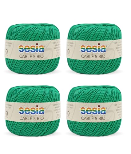 SESIA Cable '5 Bio-Garn, 4 Knäuel à 50 g, 335 m, Nadeln 1 – 1,5, Häkelnadel 1,25 aus 100% gekämmter, biologisch merzerisierter Baumwolle, mercerisiert (0060 Grün, 4 Knäuel) von Sesia