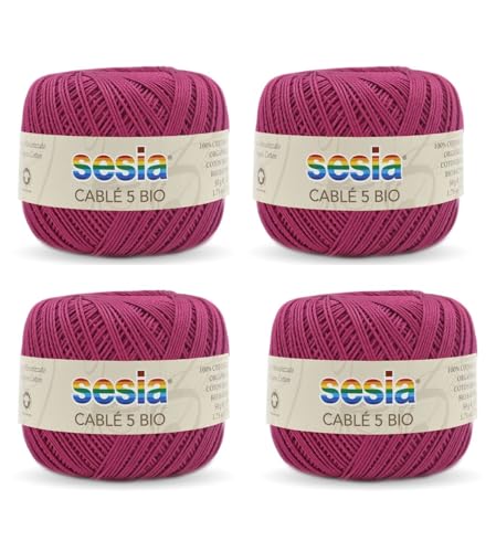 SESIA Cable '5 Bio-Garn, 4 Knäuel à 50 g, 335 m, Nadeln 1 – 1,5, Häkelnadel 1,25 aus 100% gekämmter Baumwolle, gasiert, biologisch mercerisiert (0098 Azalea, 4 Knäuel) von Sesia