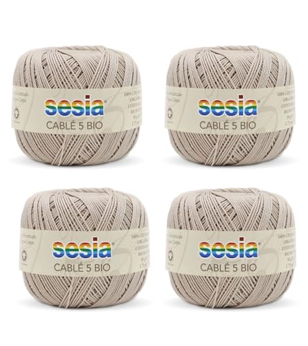 SESIA Cable '5 Bio-Garn, 4 Knäuel à 50 g, 335 m, Nadeln 1 – 1,5, Häkelnadel 1,25 aus 100% gekämmter Baumwolle, gasiert, biologisch mercerisiert (0665 Grau, 4 Knäuel) von Sesia