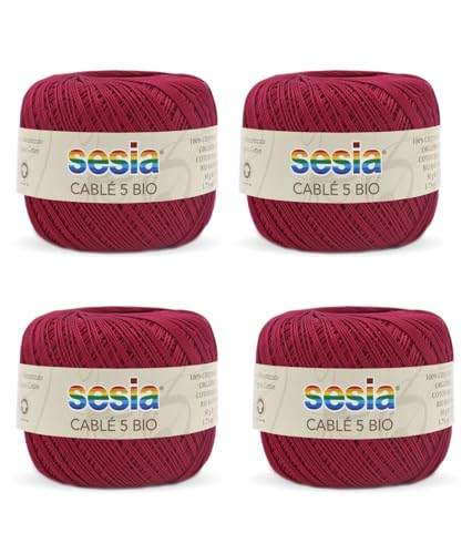 SESIA Cable '5 Bio-Garn, 4 Knäuel à 50 g, 335 m, Nadeln 1 – 1,5, Häkelnadel 1,25 aus 100 % gekämmter Baumwolle, gasiert, biologisch merzerisiert (0047 Granatapfel, 4 Knäuel) von Sesia