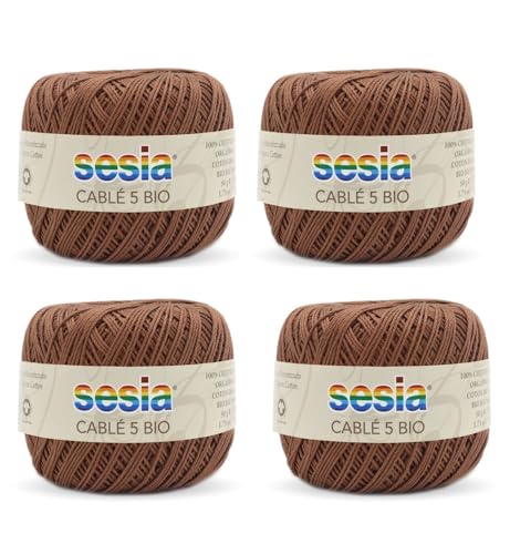 SESIA Cable '5 Bio-Garn, 4 Knäuel à 50 g, 335 m, Nadeln 1 – 1,5, Häkelnadel 1,25 aus 100% gekämmter Baumwolle, gasiert, biologisch merzerisiert (0059 Braun, 4 Knäuel) von Sesia