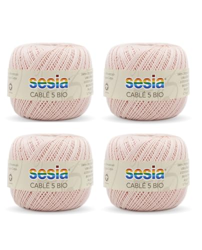 SESIA Cable '5 Bio-Garn, 4 Knäuel à 50 g, 335 m, Nadeln 1 – 1,5, Häkelnadel 1,25 aus 100% gekämmter Baumwolle, gasiert, biologisch merzerisiert (0084 Puder, 4 Knäuel) von Sesia