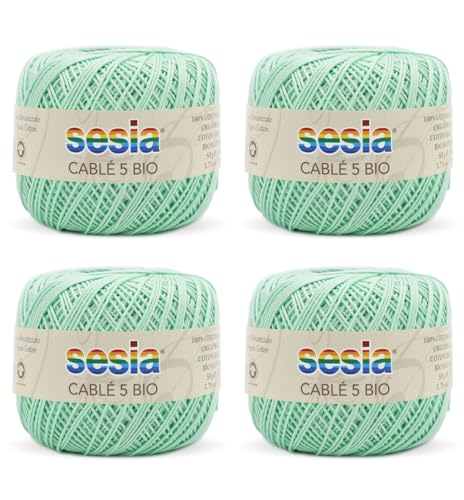 SESIA Cable '5 Bio-Garn, 4 Knäuel à 50 g, 335 m, Nadeln 1 – 1,5, Häkelnadel 1,25 aus 100% gekämmter Baumwolle, gasiert, biologisch merzerisiert (0148 Anis, 4 Knäuel) von Sesia