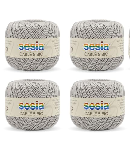 SESIA Cable '5 Bio-Garn, 4 Knäuel à 50 g, 335 m, Nadeln 1 – 1,5, Häkelnadel 1,25 aus 100% gekämmter Baumwolle, gasiert, mercerisiert biologisch (0012 Grau, 4 Knäuel) von Sesia