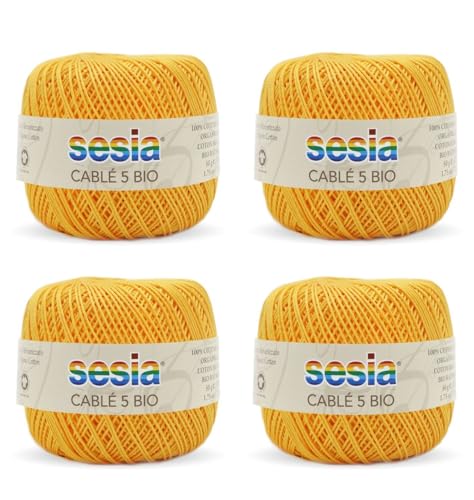 SESIA Cable '5 Bio-Garn, 4 Knäuel à 50 g, 335 m, Nadeln 1 – 1,5, Häkelnadel 1,25 aus 100% gekämmter Baumwolle, gasiert, mercerisiert biologisch (0054 Gelb, 4 Knäuel) von Sesia