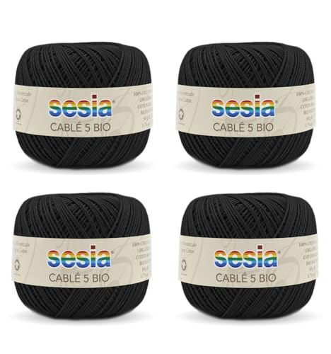 SESIA Cable '5 Bio-Garn, 4 Knäuel à 50 g, 335 m, Nadeln 1 – 1,5, Häkelnadel 1,25 aus 100% gekämmter Baumwolle, gasiert, mercerisiert biologisch (0067 Schwarz, 4 Knäuel) von Sesia
