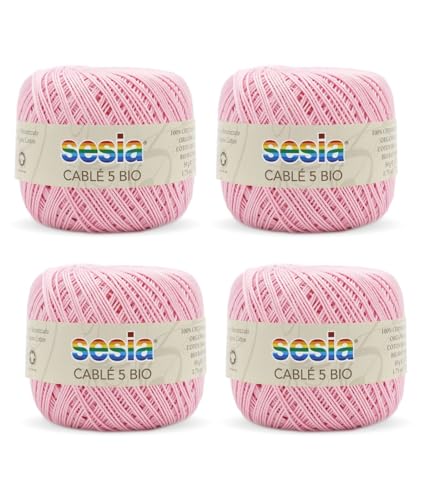 SESIA Cable '5 Bio-Garn, 4 Knäuel à 50 g, 335 m, Nadeln 1 – 1,5, Häkelnadel 1,25 aus 100% gekämmter Baumwolle, gasiert, mercerisiert biologisch (0068 Rosa, 4 Knäuel) von Sesia