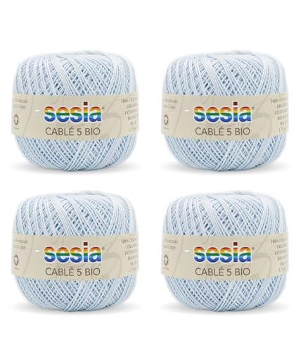 SESIA Cable '5 Bio-Garn, 4 Knäuel à 50 g, 335 m, Nadeln 1 – 1,5, Häkelnadel 1,25 aus 100% gekämmter Baumwolle, gasiert, mercerisiert biologisch (0071 Himmelblau, 4 Knäuel) von Sesia