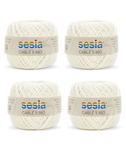 SESIA Cable '5 Bio-Garn, 4 Knäuel à 50 g, 335 m, Nadeln 1 – 1,5, Häkelnadel 1,25 aus 100% gekämmter Baumwolle, gasiert, mercerisiert biologisch (0080 Elfenbein, 4 Knäuel) von Sesia