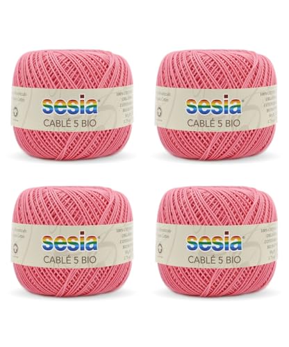 SESIA Cable 5 Bio-Garn, 4 Knäuel à 50 g, 335 m, Nadeln 1 – 1,5, Häkelnadel 1,25 aus 100 % gekämmter Baumwolle, gasiert, mercerisiert biologisch (0444 Rosageranium, 4 Knäuel) von Sesia