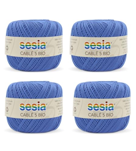 SESIA Cable '5 Bio-Garn, 4 Knäuel à 50 g, 335 m, Nadeln 1 – 1,5, Häkelnadel 1,25 aus 100% gekämmter Baumwolle, gasiert, mercerisiert biologisch (0550 Pervinca,4 Knäuel) von Sesia