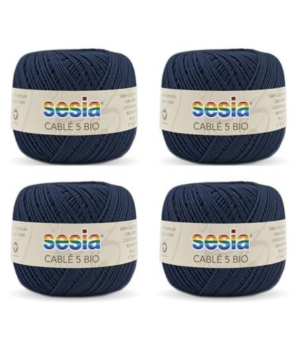 SESIA Cable '5 Bio-Garn, 4 Knäuel à 50 g, 335 m, Nadeln 1 – 1,5, Häkelnadel 1,25 aus 100% gekämmter Baumwolle, gasiert, mercerisiert biologisch (0884 Übersee, 4 Knäuel) von Sesia