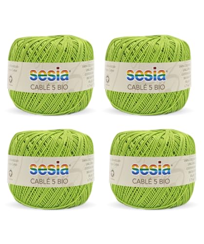 SESIA Cable '5 Bio-Garn, 4 Knäuel à 50 g, 335 m, Nadeln 1 – 1,5, Häkelnadel 1,25 aus 100 % gekämmter Baumwolle, gasiert, mercerisiert biologisch (1451 Pistazie, 4 Knäuel) von Sesia
