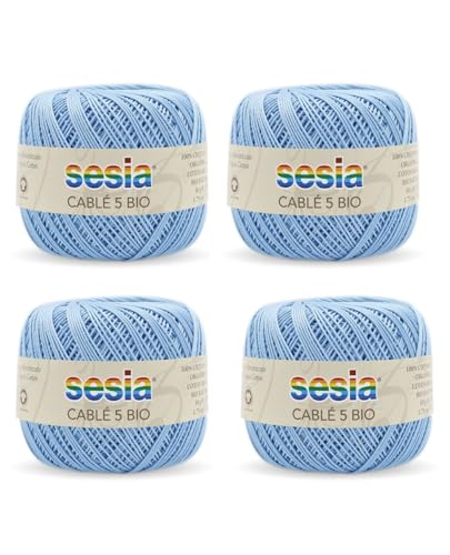 SESIA Cable 5 Bio-Garn, 4 Knäuel à 50 g, 335 m, Nadeln 1 – 1,5, Häkelnadel 1,25 aus 100% gekämmter Baumwolle, gasiert, mercerisiert biologisch (1835 Wasser, 4 Knäuel) von Sesia