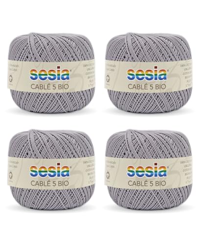 SESIA Cable 5 Bio-Garn, 4 Knäuel à 50 g, 335 m, Nadeln 1 – 1,5, Häkelnadel 1,25 aus 100% gekämmter Baumwolle, gasiert, mercerisiert biologisch (3250 Asche, 4 Knäuel) von Sesia