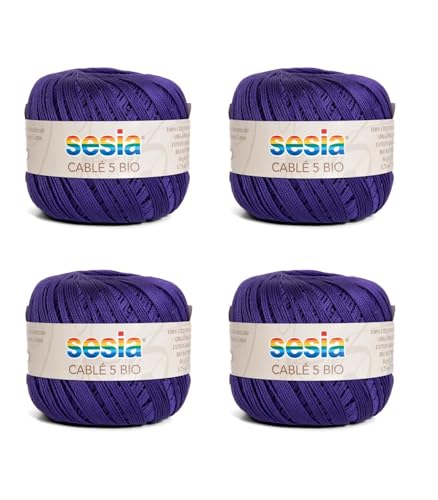 SESIA Cable '5 Bio-Garn, 4 Knäuel à 50 g, 335 m, Nadeln 1 – 1,5, Häkelnadel 1,25 aus 100% gekämmter Baumwolle, gasiert, mercerisiert biologisch (4211 Violett, 4 Knäuel) von Sesia