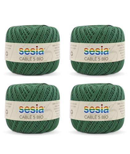SESIA Cable '5 Bio-Garn, 4 Knäuel à 50 g, 335 m, Nadeln 1 – 1,5, Häkelnadel 1,25 aus 100% gekämmter Bio-Baumwolle, gasiert, mercerisiert (0525 Grün, 4 Knäuel) von Sesia