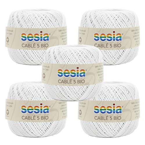 SESIA Cable '5 Bio Garn 5 Knäuel à 50 g, 335 m, Nadeln 1 – 1,5, Häkelnadel 1,25 aus 100% gekämmter Baumwolle, gasiert, biologisch merzerisiert (0051 Weiß, 5 Knäuel) von Sesia