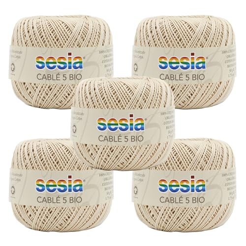 SESIA Cable '5 Bio Garn 5 Knäuel à 50 g, 335 m, Nadeln 1 – 1,5, Häkelnadel 1,25 aus 100% gekämmter Baumwolle, gasiert, mercerisiert biologisch (0052 Ecru, 5 Knäuel) von Sesia