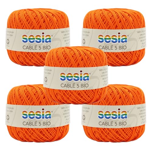 SESIA Cable '5 Bio Garn 5 Knäuel à 50 g, 335 m, Nadeln 1 – 1,5, Häkelnadel 1,25 aus 100 % gekämmter Baumwolle, gasiert, mercerisiert biologisch (0057 Orange, 5 Knäuel) von Sesia