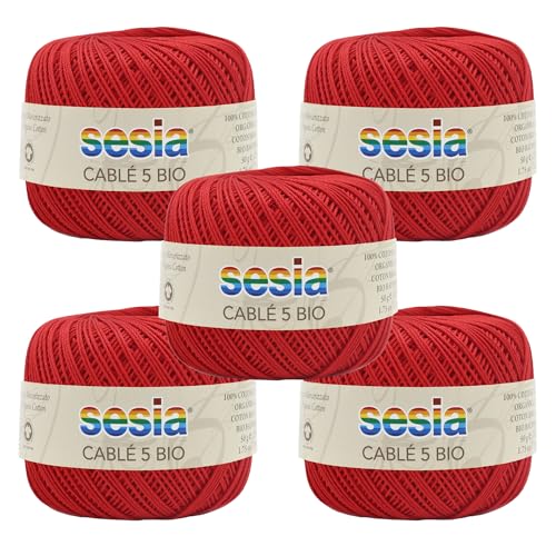 SESIA Cable '5 Bio Garn 5 Knäuel à 50 g, 335 m, Nadeln 1 – 1,5, Häkelnadel 1,25 aus 100% gekämmter Baumwolle, gasiert, mercerisiert biologisch (0063 Rot, 5 Knäuel) von Sesia