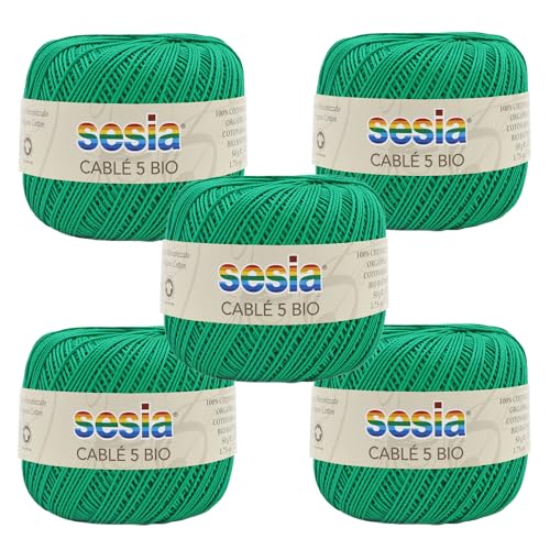SESIA Cable '5 Bio Garn 5 Knäuel à 50 g, 335 m, Nadeln 1 – 1,5, Häkelnadel 1,25 aus 100 % gekämmter Bio-Baumwolle, gasiert, mercerisiert (0060 Wiesengrün, 5 Knäuel) von Sesia