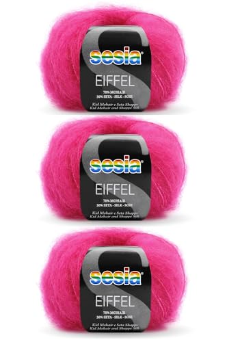 SESIA EIFFEL Garn – 3 Knäuel à 25 g, 70 m – Nadeln 4 – 5 mm – 70 % KID Mohair 30 % Seide – Made in Italy (2371 Fuchsie, 3 Knäuel) von Sesia