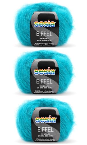 SESIA EIFFEL Garn – 3 Knäuel à 25 g, 70 m – Nadeln 4 – 5 mm – 70 % KID Mohair 30 % Seide – Made in Italy (3645 Pfau, 3 Knäuel) von Sesia