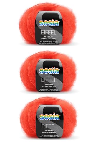 SESIA EIFFEL Garn – 3 Knäuel à 25 g, 70 m – Nadeln 4 – 5 mm – 70 % KID Mohair 30 % Seide – Made in Italy (3779 Poppy, 3 Knäuel) von Sesia