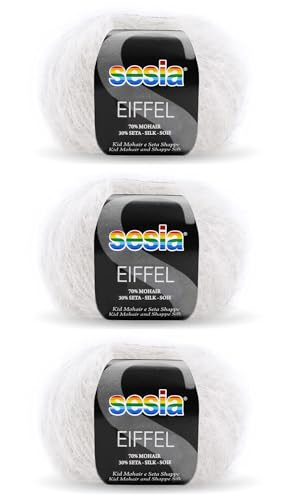 SESIA EIFFEL Garn – 3 Knäuel à 25 g, 70 m – Nadeln 4 – 5 mm – 70 % KID Mohair 30 % Seide – Made in Italy (5151 Weiß, 3 Knäuel) von Sesia