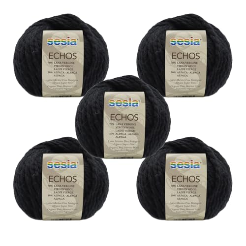 SESIA Garn ECHOS – 5 Knäuel – 70 % Schurwolle, 30 % Alpaka – Knäuel 50 g, 175 m – Nadeln 7 – 8 mm – Made in Italy (0067 Schwarz, 5 Knäuel) von Sesia