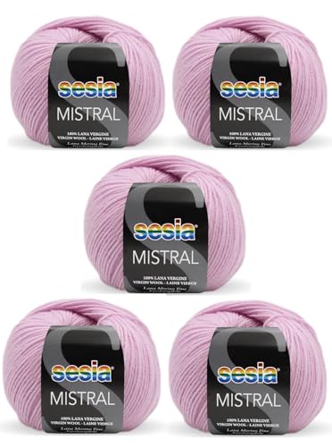 SESIA Garn "Mistral" - 5 Knäuel - 50 g - 175 m - 100% feine Merinowolle Nadelstärke 3 3,5 - maschinenwaschbar (0007 Flieder, 5 Knäuel) von Sesia