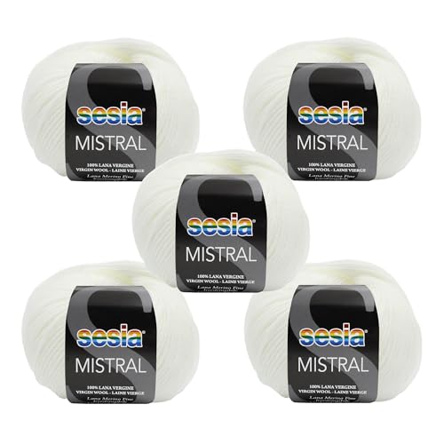 SESIA Mistral Strickgarn, 5 Knäuel, 50 g, 175 m, 100 % feine Merinowolle, Nadelstärke 3 3,5, maschinenwaschbar (0051 Weiß, 5 Knäuel) von Sesia