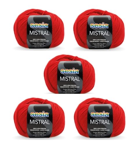 SESIA Mistral Strickgarn, 5 Knäuel, 50 g, 175 m, 100 % feine Merinowolle, Nadelstärke 3 3,5, maschinenwaschbar (0063 Rot, 5 Knäuel) von Sesia
