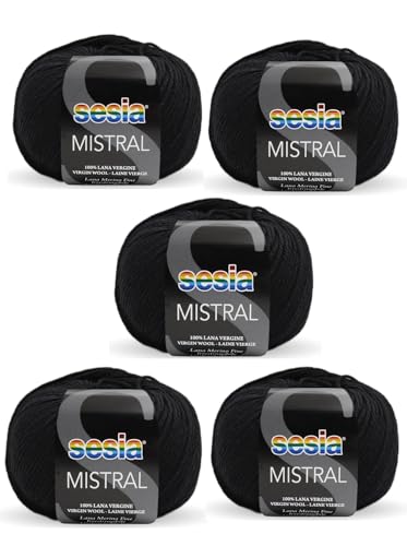 SESIA Mistral Strickgarn, 5 Knäuel, 50 g, 175 m, 100 % feine Merinowolle, Nadelstärke 3 3,5, maschinenwaschbar (0067 Schwarz, 5 Knäuel) von Sesia