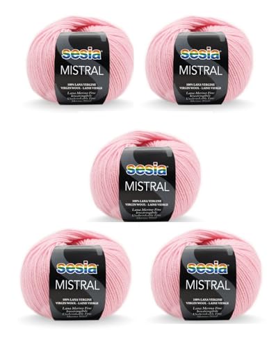 SESIA Mistral Strickgarn, 5 Knäuel, 50 g, 175 m, 100 % feine Merinowolle, Nadelstärke 3 3,5, maschinenwaschbar (0068 Rosa, 5 Knäuel) von Sesia