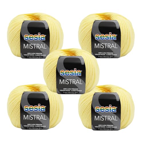 SESIA Mistral Strickgarn, 5 Knäuel, 50 g, 175 m, 100 % feine Merinowolle, Nadelstärke 3 3,5, maschinenwaschbar (0099 Stroh, 5 Knäuel) von Sesia