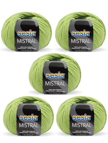 SESIA Mistral Strickgarn, 5 Knäuel, 50 g, 175 m, 100 % feine Merinowolle, Nadelstärke 3 3,5, maschinenwaschbar (0249 Pistazie, 5 Knäuel) von Sesia