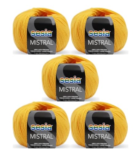 SESIA Mistral Strickgarn, 5 Knäuel, 50 g, 175 m, 100 % feine Merinowolle, Nadelstärke 3 3,5, maschinenwaschbar (0254 Gelb, 5 Knäuel) von Sesia