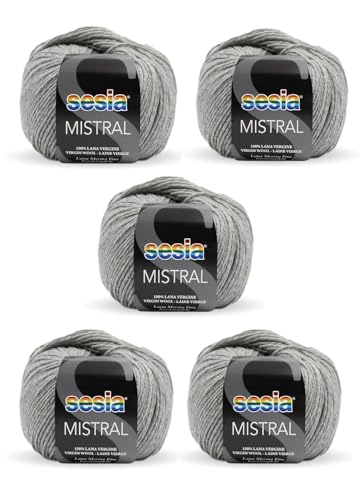 SESIA Mistral Strickgarn, 5 Knäuel, 50 g, 175 m, 100 % feine Merinowolle, Nadelstärke 3 3,5, maschinenwaschbar (0665 Grau, 5 Knäuel) von Sesia