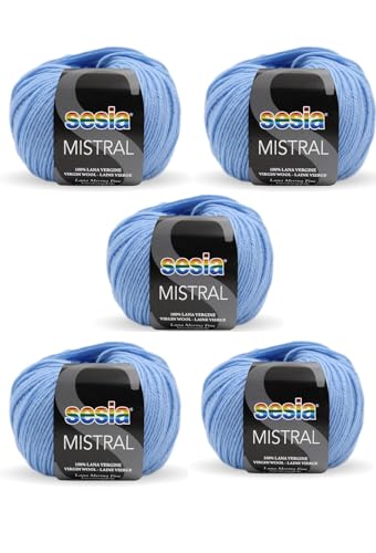 SESIA Mistral Strickgarn, 5 Knäuel, 50 g, 175 m, 100 % feine Merinowolle, Nadelstärke 3 3,5, maschinenwaschbar (0738 Hellblau, 5 Knäuel) von Sesia