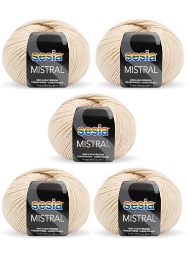 SESIA Mistral Strickgarn, 5 Knäuel, 50 g, 175 m, 100 % feine Merinowolle, Nadelstärke 3 3,5, maschinenwaschbar (0871 Sand, 5 Knäuel) von Sesia