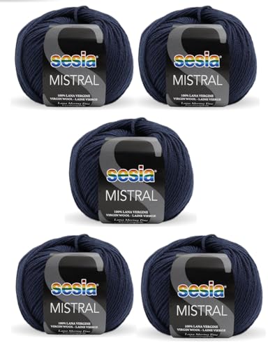 SESIA Mistral Strickgarn, 5 Knäuel, 50 g, 175 m, 100 % feine Merinowolle, Nadelstärke 3 3,5, maschinenwaschbar (0978 Blau, 5 Knäuel) von Sesia