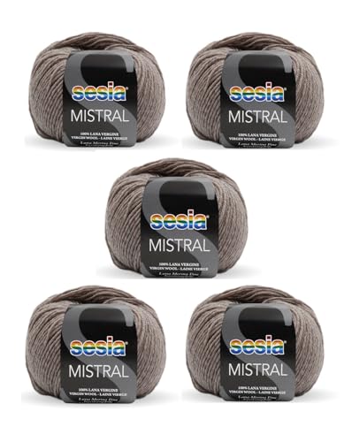 SESIA Mistral Strickgarn, 5 Knäuel, 50 g, 175 m, 100 % feine Merinowolle, Nadelstärke 3 3,5, maschinenwaschbar (1621 Sand, 5 Knäuel) von Sesia