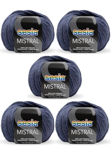 SESIA Mistral Strickgarn, 5 Knäuel, 50 g, 175 m, 100 % feine Merinowolle, Nadelstärke 3 3,5, maschinenwaschbar (1641 Avio, 5 Knäuel) von Sesia