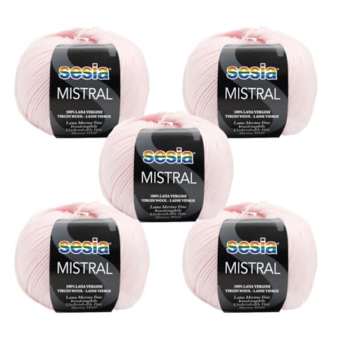 SESIA Mistral Strickgarn, 5 Knäuel, 50 g, 175 m, 100 % feine Merinowolle, Nadelstärke 3 3,5, maschinenwaschbar (2581 Babyrosa, 5 Knäuel) von Sesia