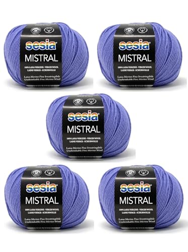 SESIA Mistral Strickgarn, 5 Knäuel, 50 g, 175 m, 100 % feine Merinowolle, Nadelstärke 3 3,5, maschinenwaschbar (4833 Lavendel, 5 Knäuel) von Sesia