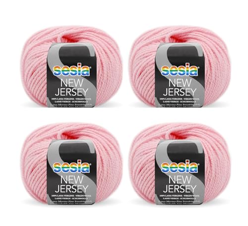 SESIA New Jersey Strickgarn, 4 Knäuel à 50 g, 82 m, Nadelstärke 5 – 5,5 mm, 100 % Merinowolle, einlaufsicher, hergestellt in Italien (0068 Rosa, 4 Knäuel) von Sesia