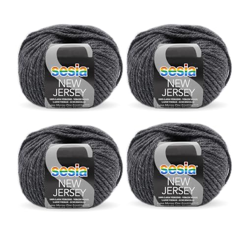 SESIA New Jersey Strickgarn, 4 Knäuel à 50 g, 82 m, Nadelstärke 5 – 5,5 mm, 100 % Merinowolle, einlaufsicher, hergestellt in Italien (0154 Dunkelgrau, 4 Knäuel) von Sesia