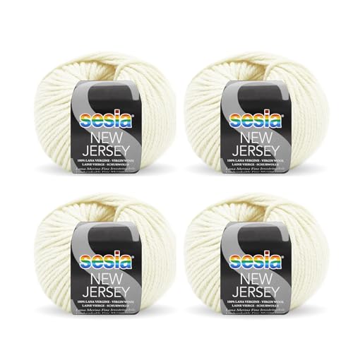 SESIA New Jersey Strickgarn, 4 Knäuel à 50 g, 82 m, Nadelstärke 5 – 5,5 mm, 100 % Merinowolle, einlaufsicher, hergestellt in Italien (0207 Creme, 4 Knäuel) von Sesia
